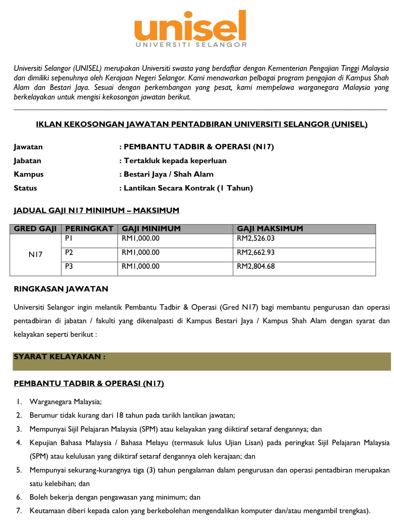 Kerja Kosong Di Universiti Selangor 