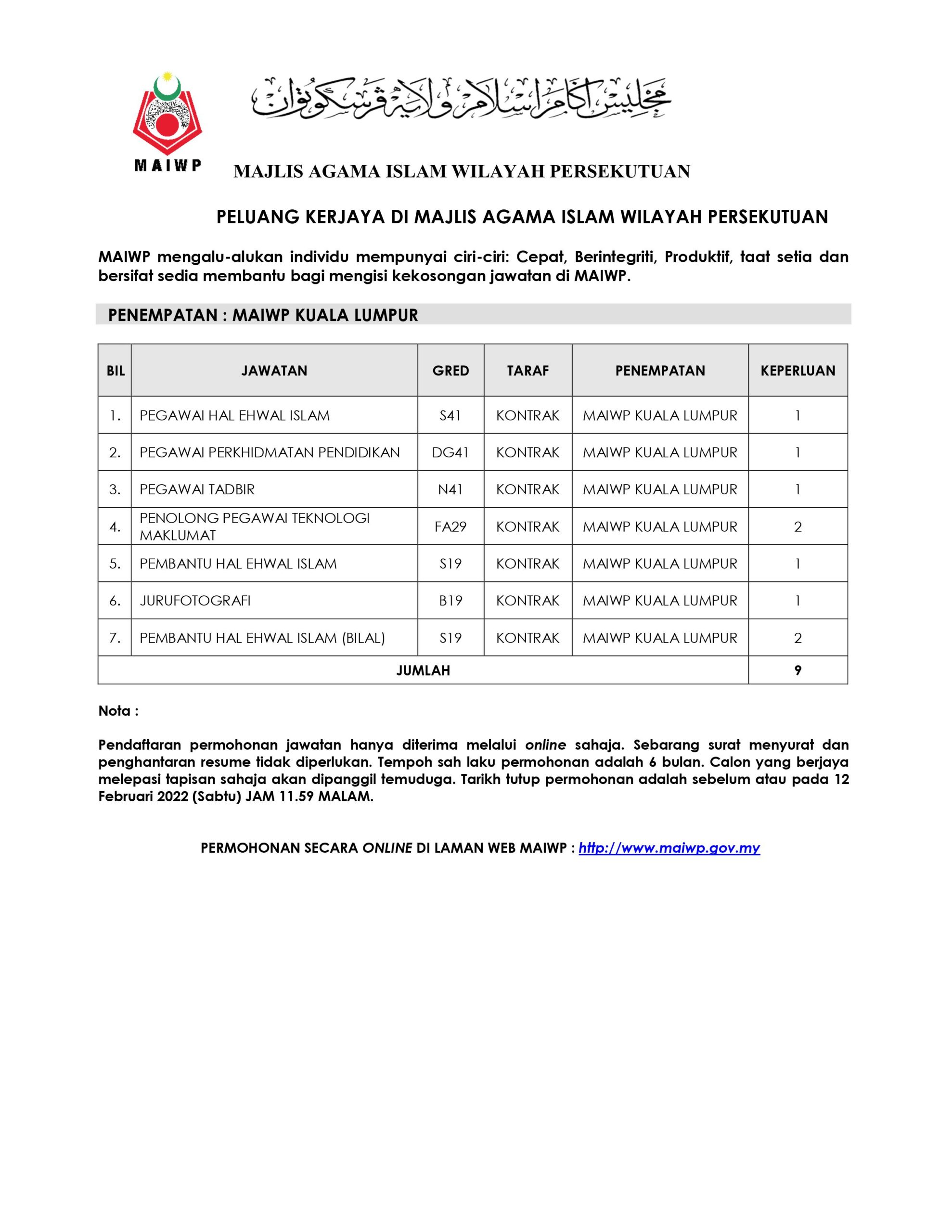 Kerja Kosong di Majlis Agama Islam Wilayah Persekutuan (MAIWP)