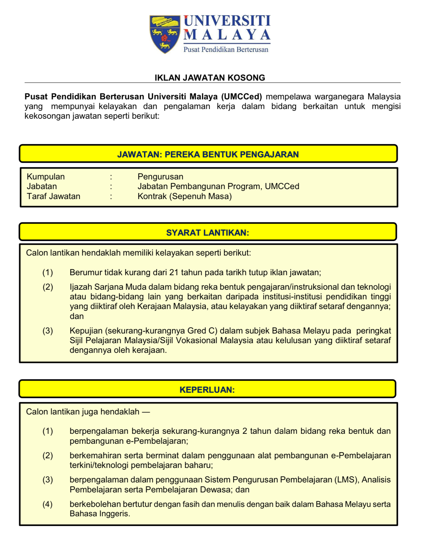 Kerja Kosong Di Universiti Melaya 