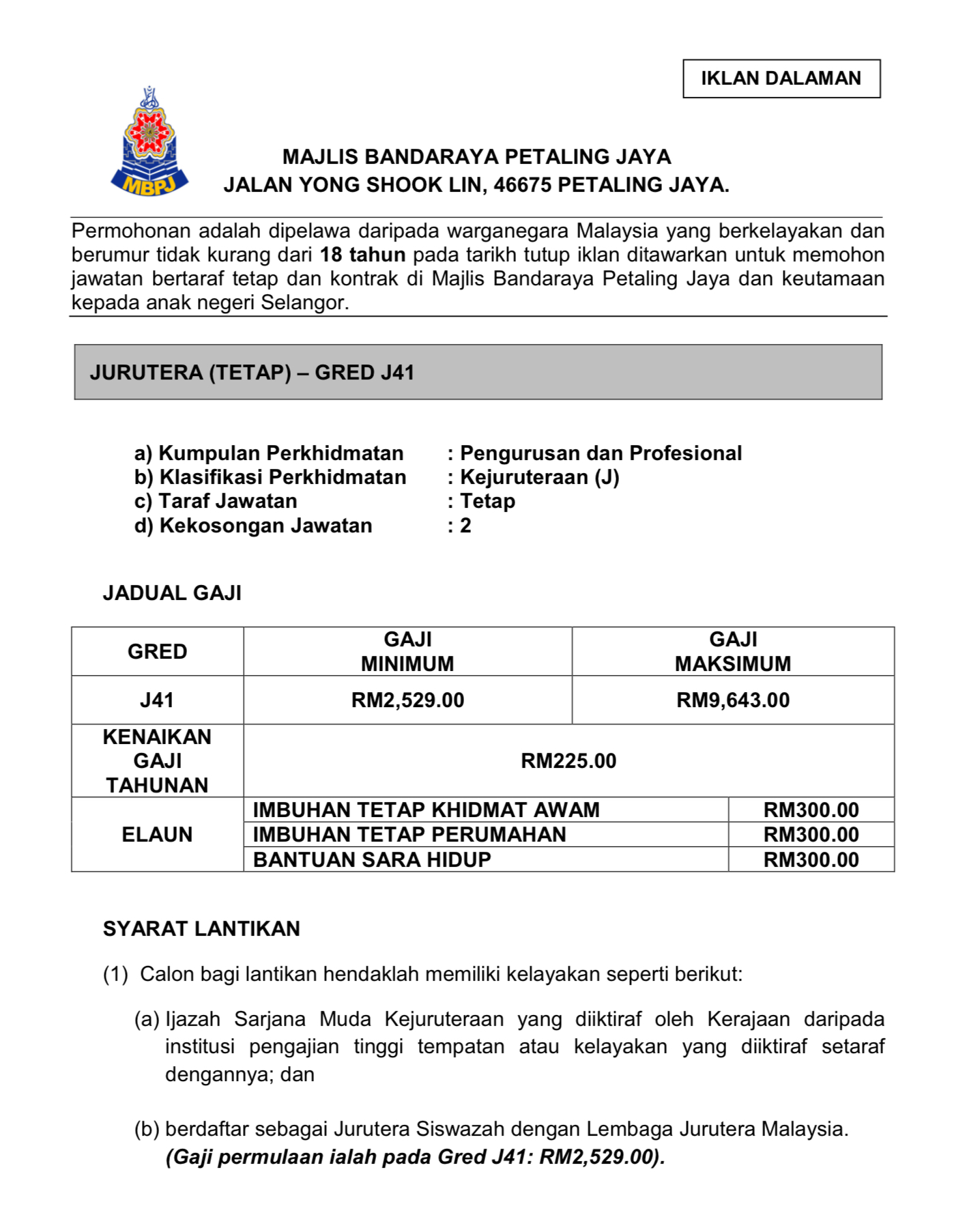 Kerja Kosong Di Maljis Bandaraya Petaling Jaya