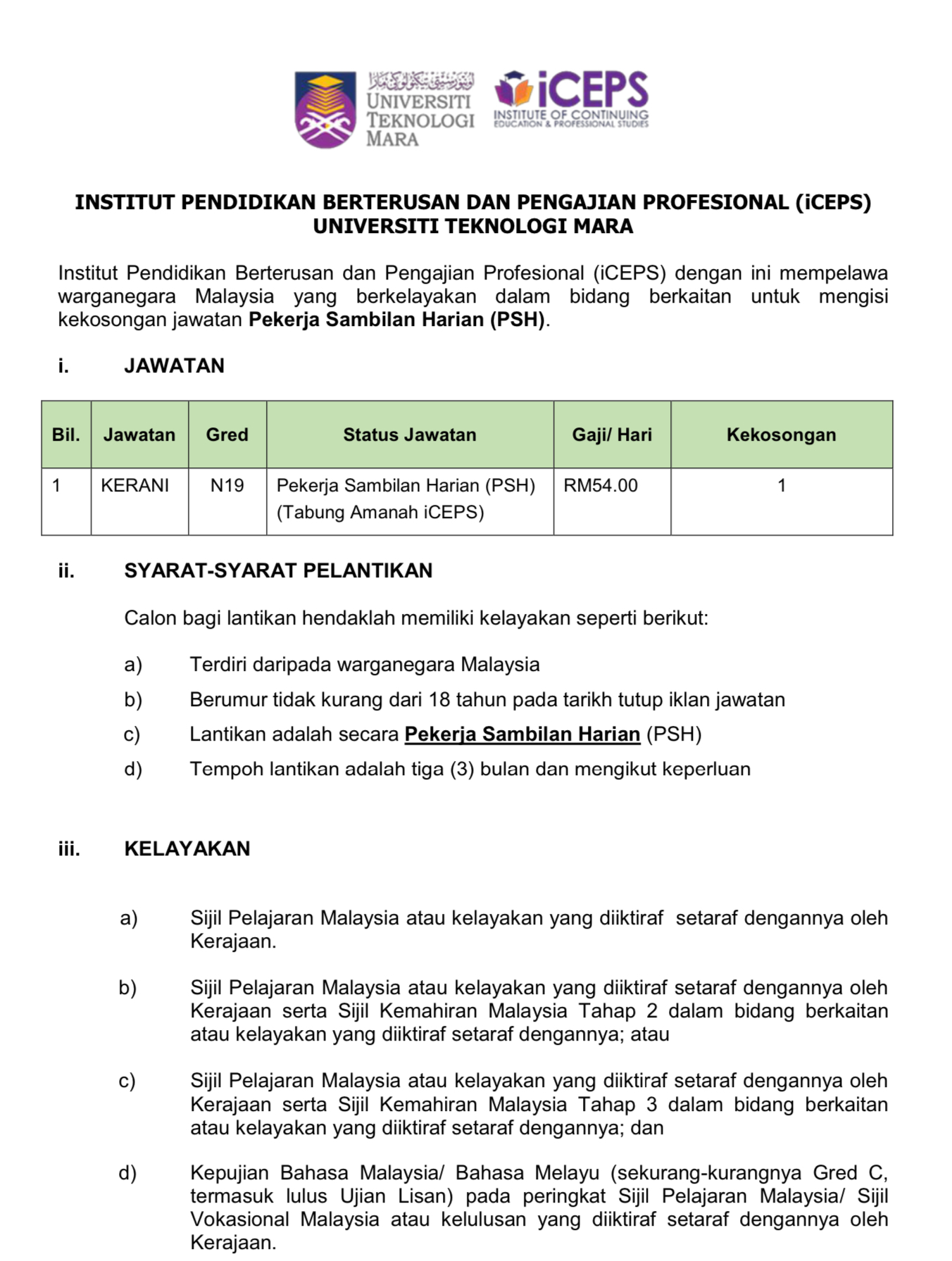 Kerja Kosong Universiti Teknologi MARA 