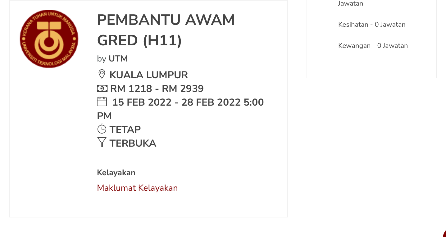 Kerja Kosong Di Universiti Teknologi Malaysia (UTM) 2 Kerja Kosong Di Universiti Teknologi Malaysia