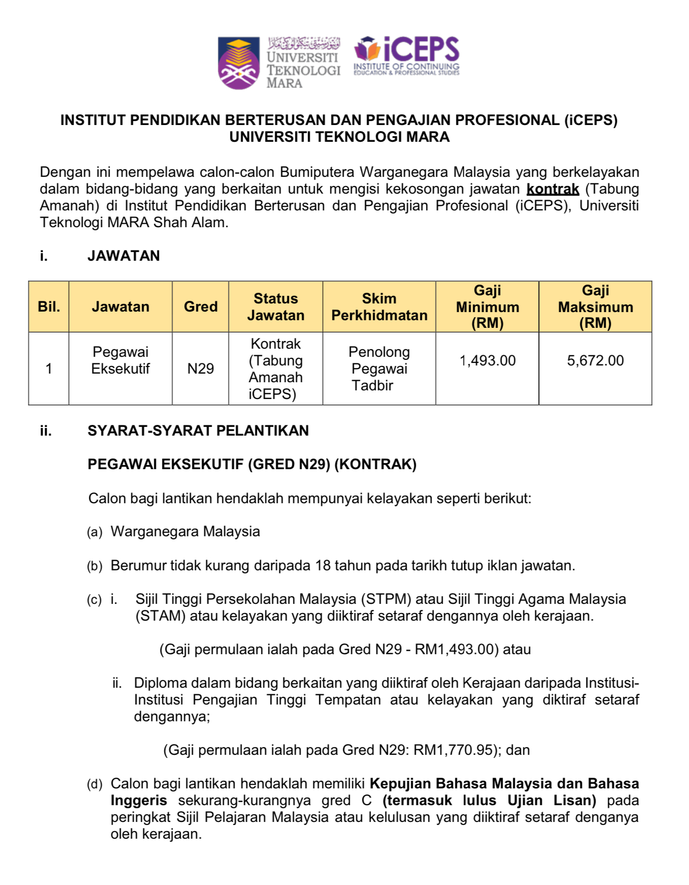 Kerja Kosong Universiti Teknologi MARA 