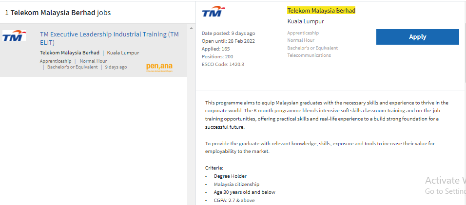 Kerja Kosong di Telekom Malaysia (TM)