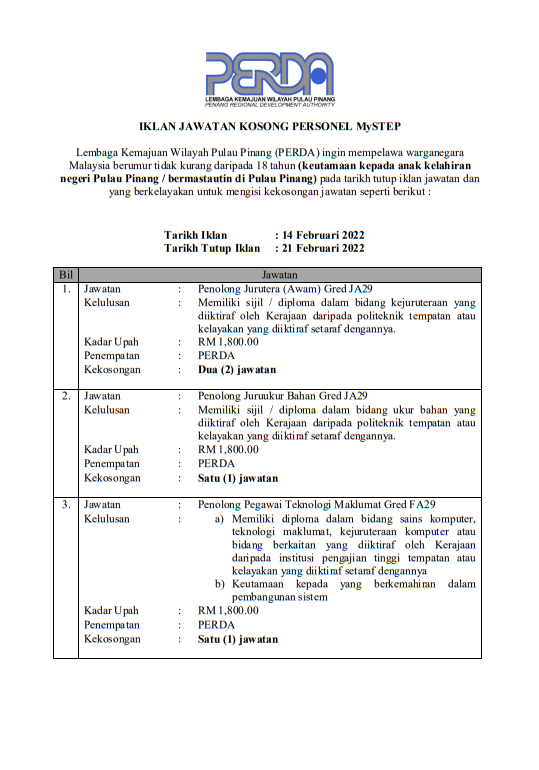 Kerja Kosong di PERDA