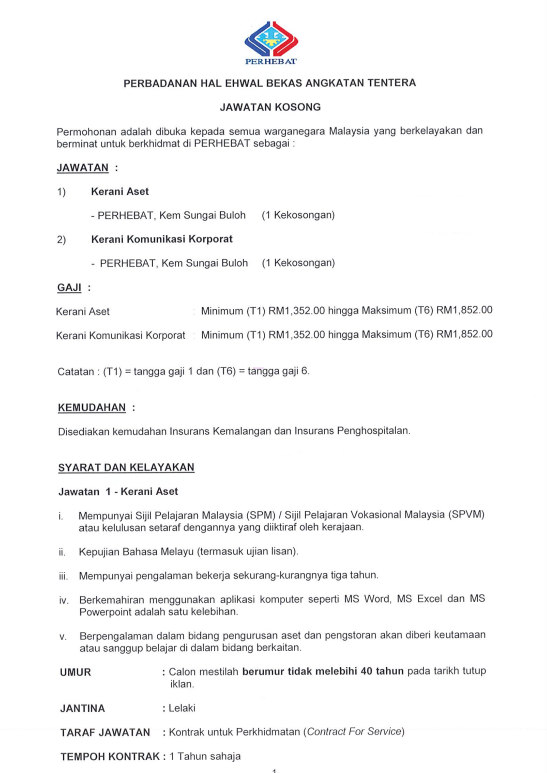 Kerja Kosong di Perbadanan Hal Ehwal Bekas Angkatan Tentera