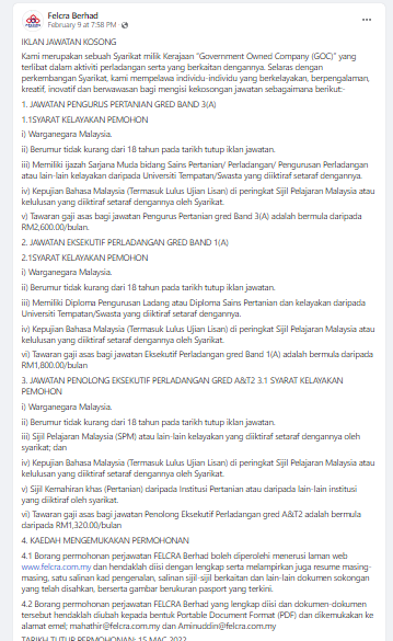 Kerja Kosong di Felcra Berhad