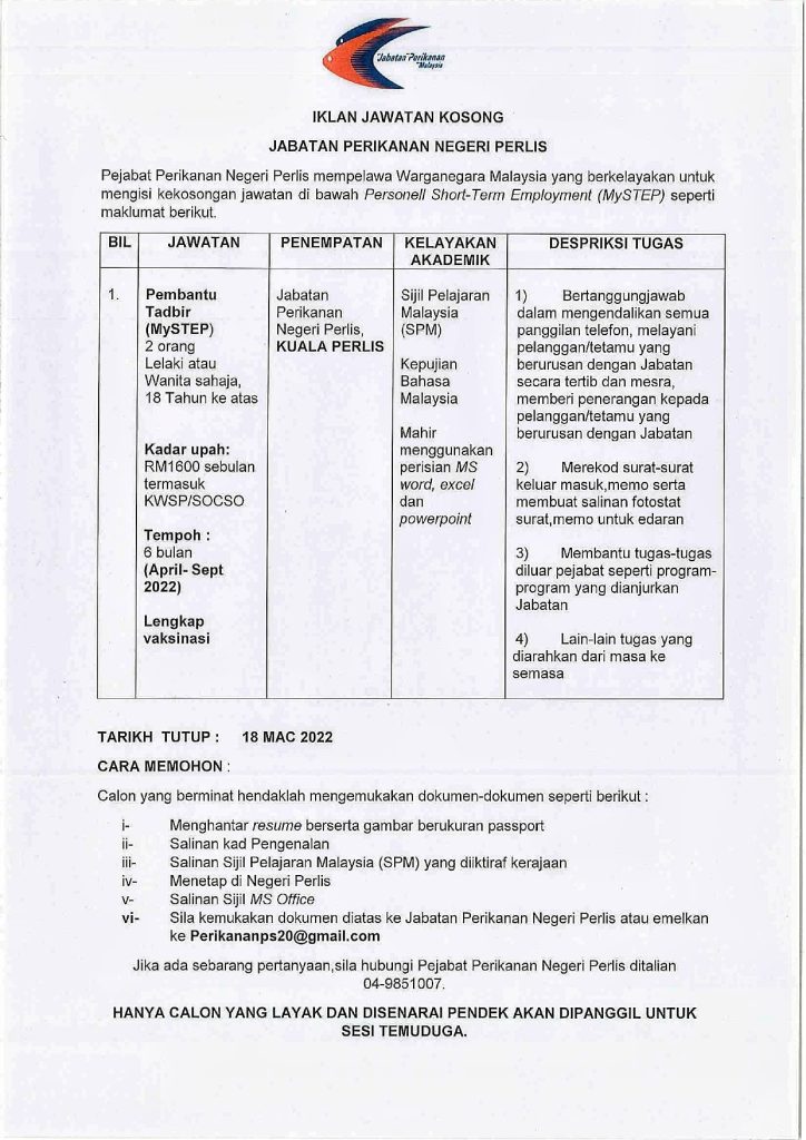 Kerja Kosong di Jabatan Perikanan Malaysia (DOF)