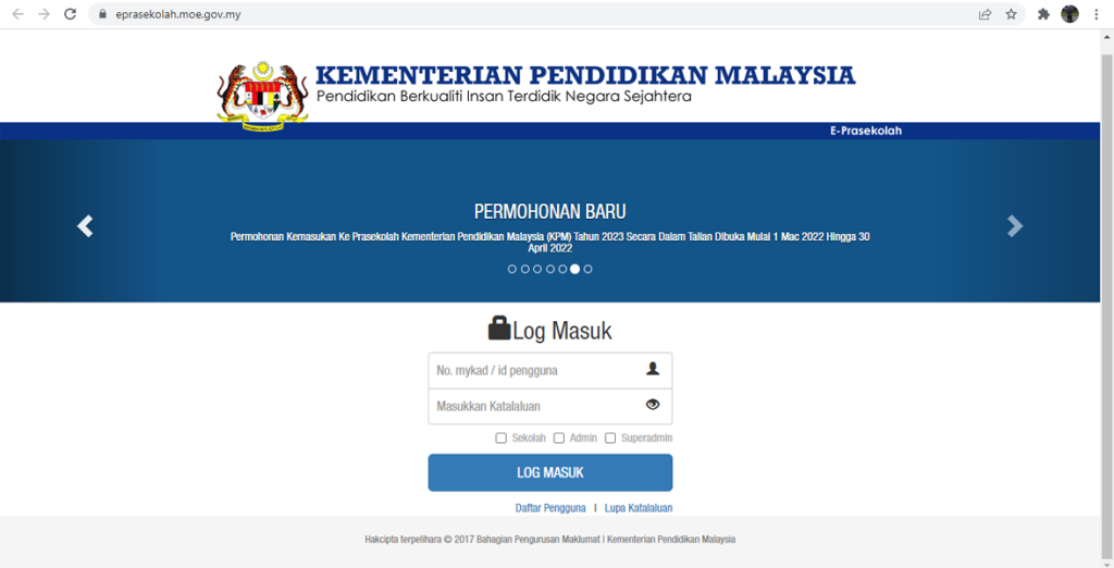 ePrasekolah: Pendaftaran Prasekolah KPM Sesi 2023/2024