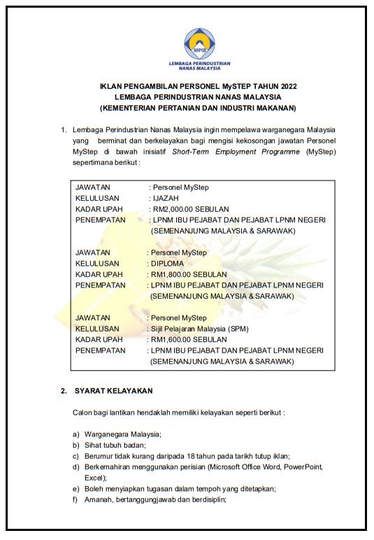 Kerja Kosong di Lembaga Perindustrian Nanas Malaysia (LPNM)