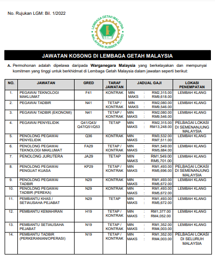 Kerja Kosong di Lembaga Getah Malaysia (LGM)