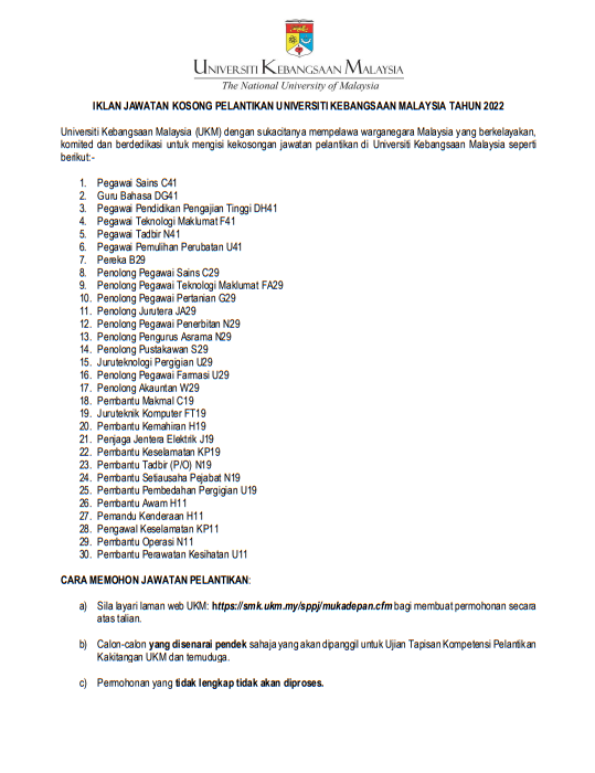 Kerja Kosong di UKM Pada Bulan Mac 2022