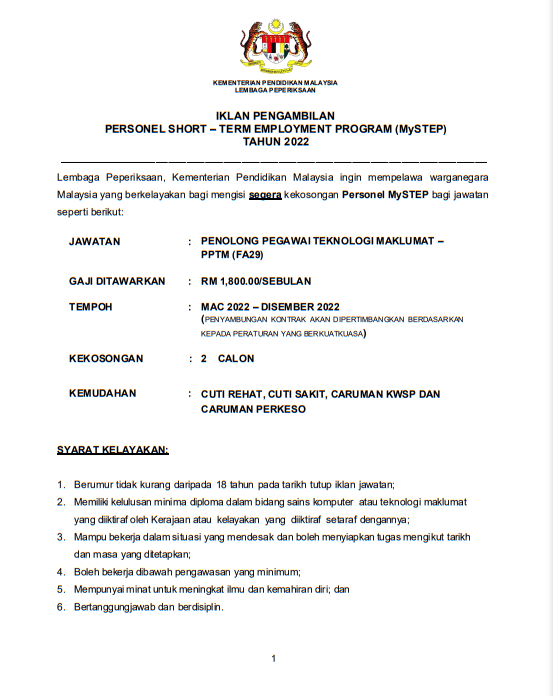 Kerja Kosong di Kementerian Pendidikan Malaysia (KPM)