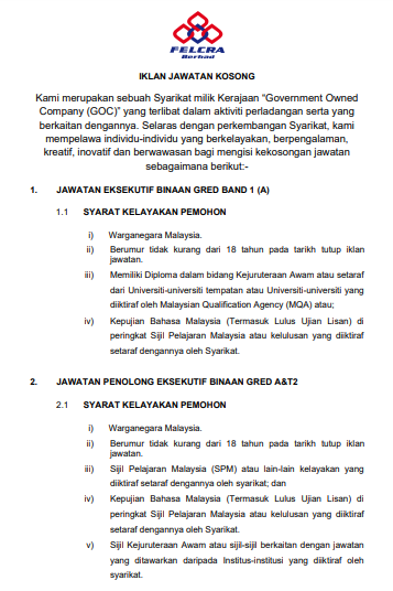 Kerja Kosong di Felcra Berhad