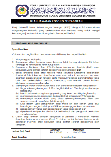 Kerja Kosong di Kolej Universiti Islam Selangor (KUIS) 1 Kerja Kosong di Kolej Universiti Islam Selangor (KUIS)