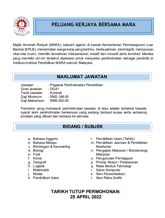 Kerja Kosong di Majlis Amanah Rakyat (MARA)