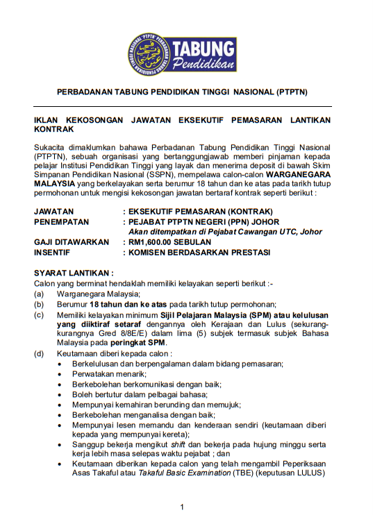 Kerja Kosong di Perbadanan Tabung Pendidikan Tinggi Nasional (PTPTN)