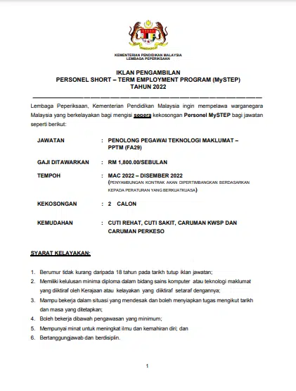 Kerja Kosong di Kementerian Pendidikan Malaysia (KPM)