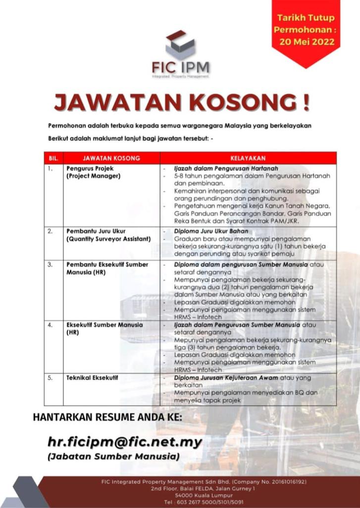 Kerja Kosong di FIC Integrated Property Management (FIC IPM) 1 Kerja Kosong di FIC Integrated Property Management (FIC IPM)