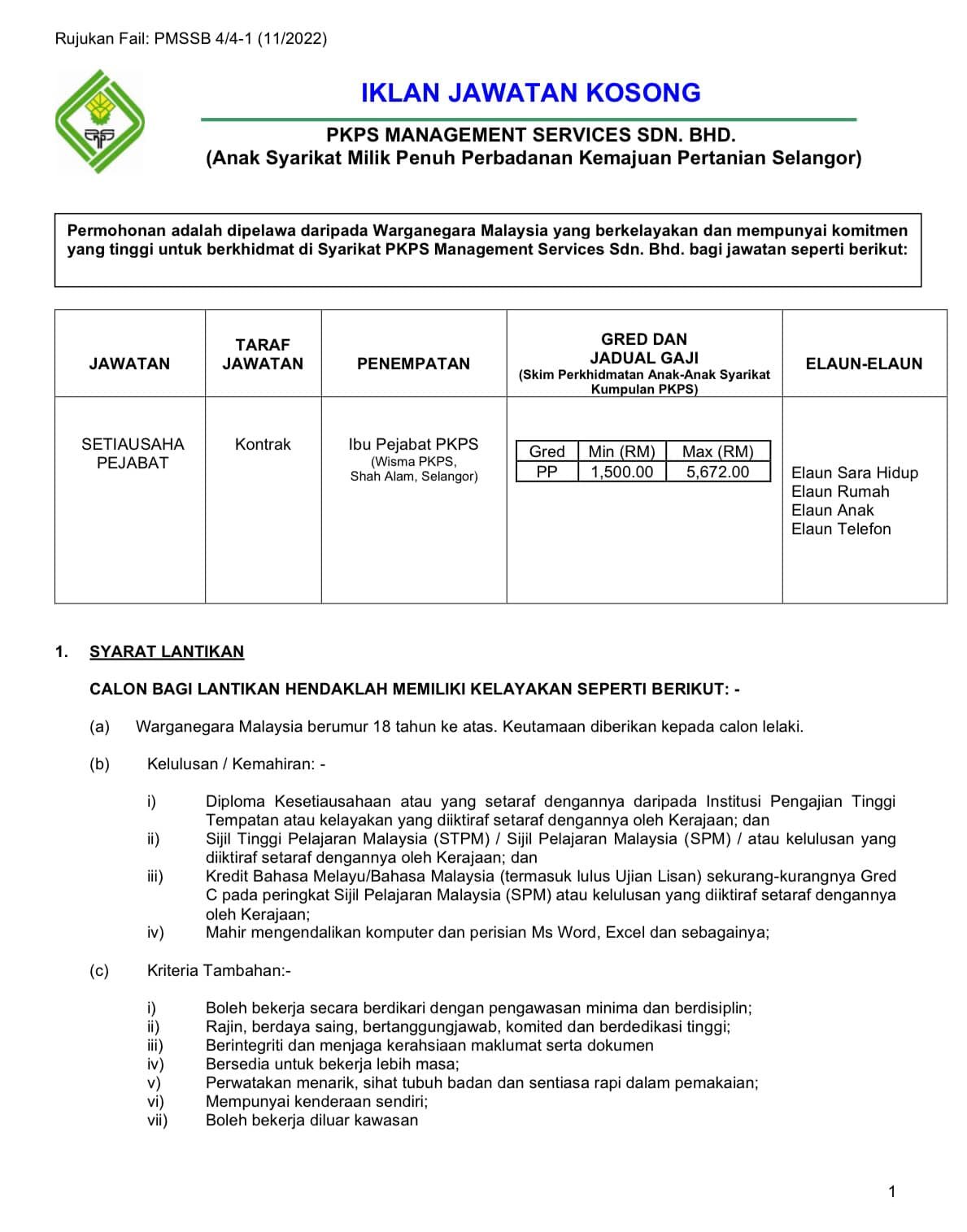 Kerja Kosong di Perbadanan Kemajuan Pertanian Selangor (PKPS) 1 Kerja Kosong di Perbadanan Kemajuan Pertanian Selangor (PKPS)