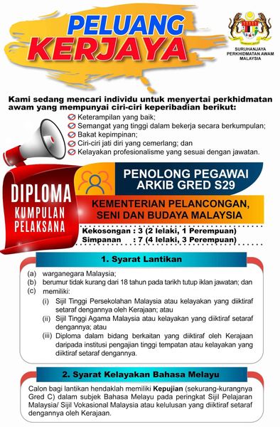 Kerja Kosong di Kementerian Pelancongan Seni dan Budaya Malaysia (MOTAC) 1 Kerja Kosong di Kementerian Pelancongan Seni dan Budaya Malaysia (MOTAC)