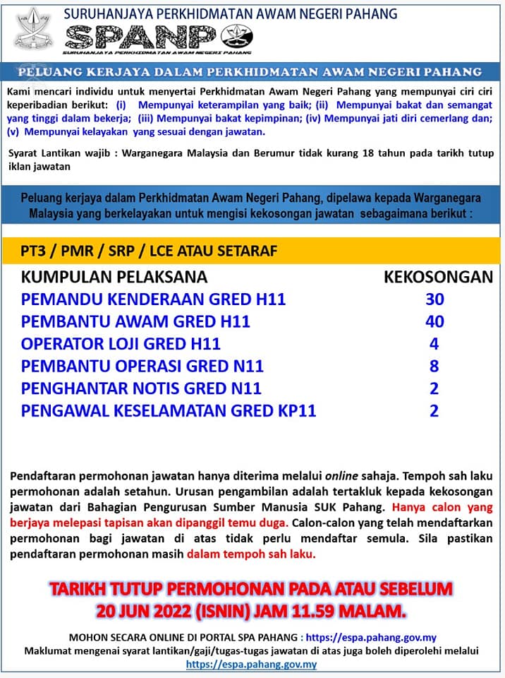Kerja Kosong di Perkhidmatan Awam Pahang