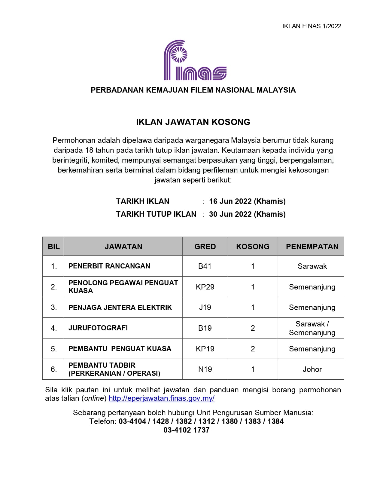 Kerja Kosong di Perbadanan Kemajuan Filem Nasional (FINAS) 1 Kerja Kosong di Perbadanan Kemajuan Filem Nasional (FINAS)