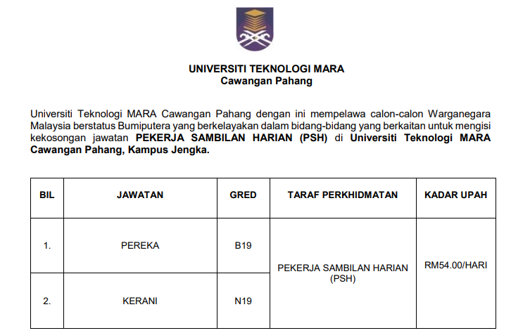 Kerja Kosong di UiTM Pahang 1 Kerja Kosong di UiTM Pahang