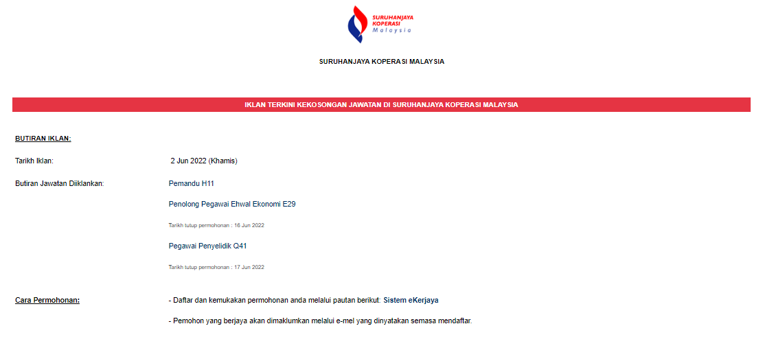 Kerja Kosong di Suruhanjaya Koperasi Malaysia (SKM) 1 Kerja Kosong di Suruhanjaya Koperasi Malaysia (SKM)
