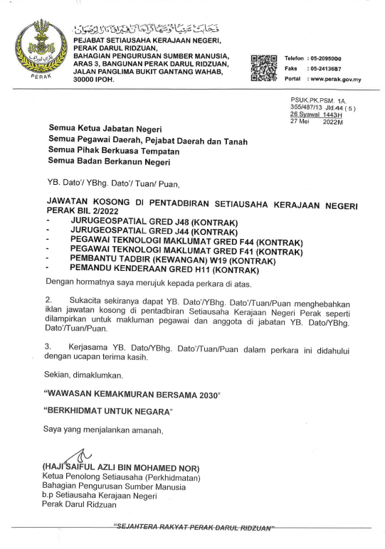 Kerja Kosong di Perkhidmatan Awam Perak 1 Kerja Kosong di Perkhidmatan Awam Perak