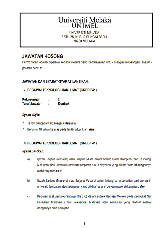 Kerja Kosong di Universiti Melaka (UNIMEL) 1 Kerja Kosong di Universiti Melaka (UNIMEL)