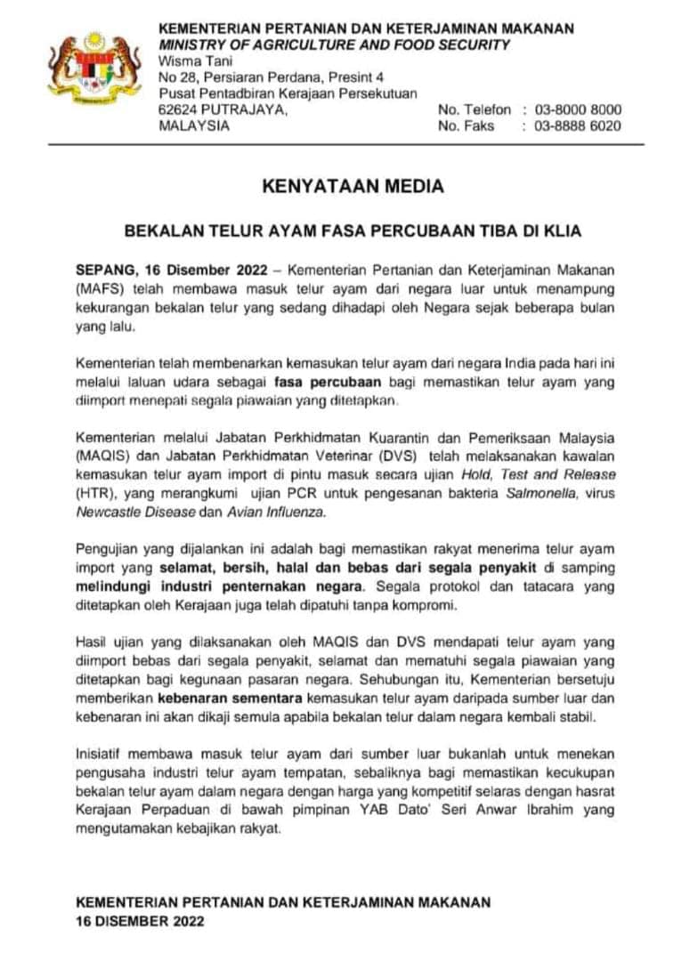 Kenyataan Media berkenaan bekalan telur ayam