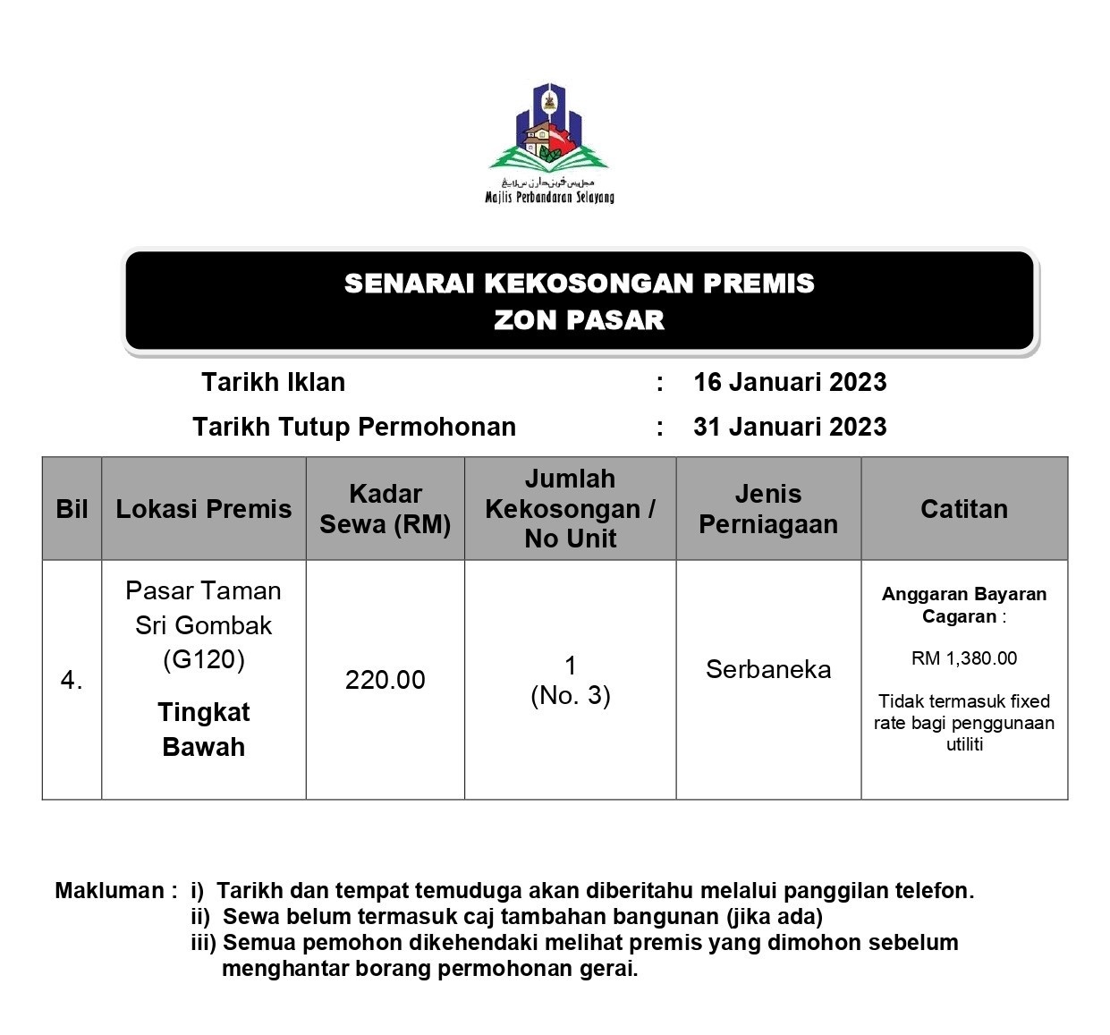 Senarai Kekosongan Premis Perniagaan Selangor 2023 6