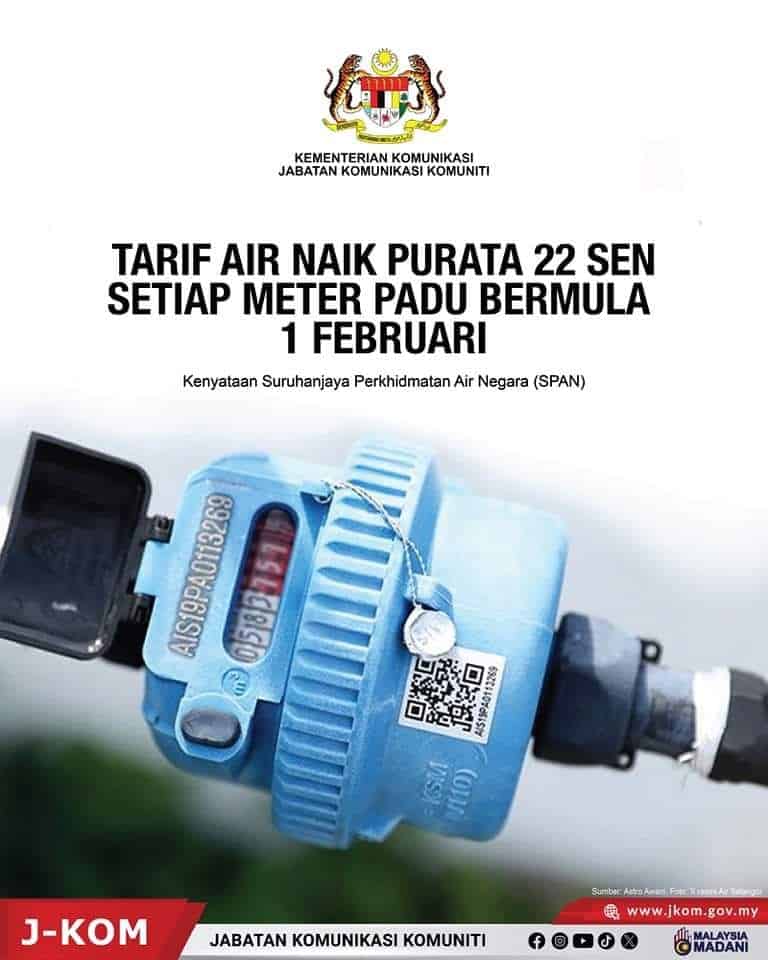 Pelarasan Tarif Air: Purata Naik 22 Sen Setiap Meter Padu Mulai 1 Februari 1