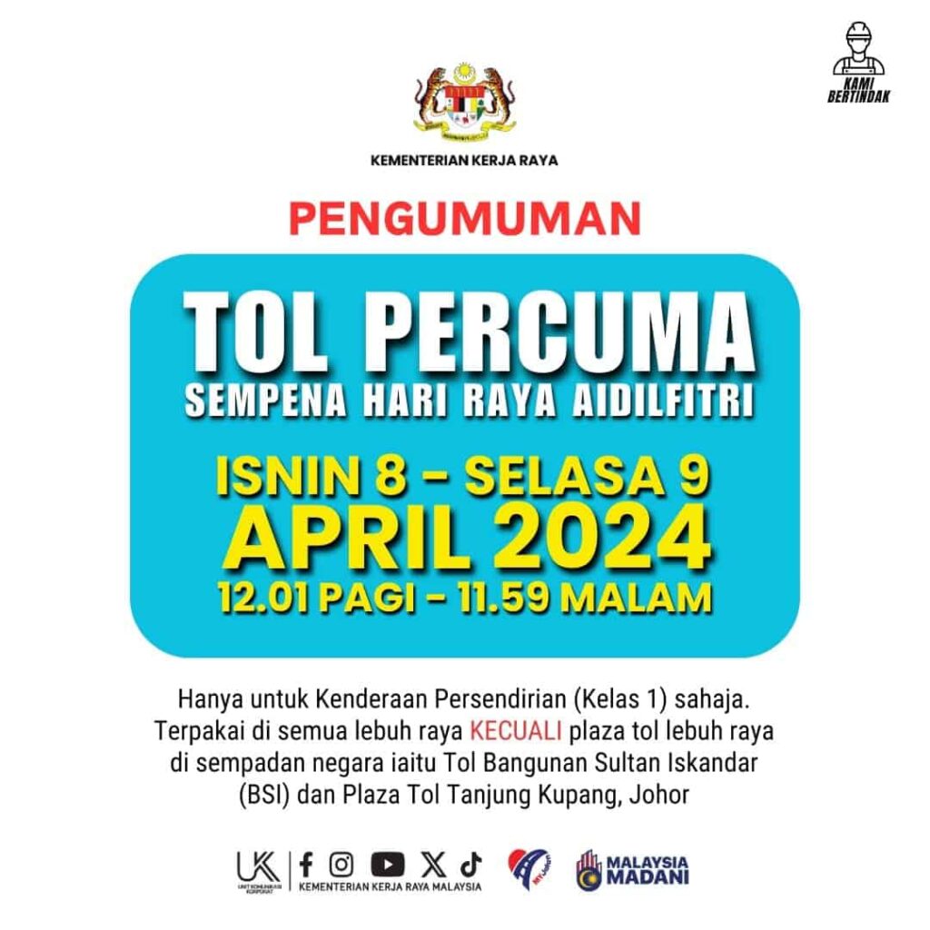 Tol Percuma Sempena Hari Raya Aidilfitri 2024 1