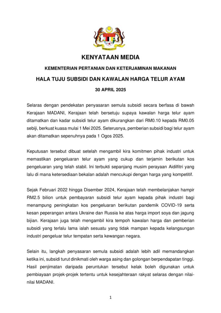 Subsidi Telur Ayam Dikurangkan Secara Berfasa Bermula Mei 2025 1